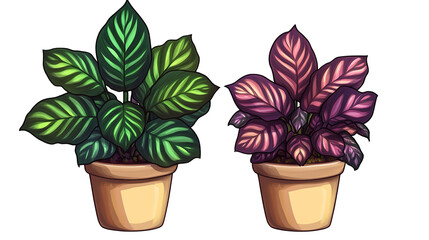 Obraz premium Two calathea plants standing side by side their leaves exhibiting stunning green and purple on transparent background