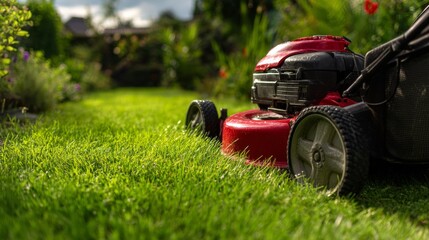 Garden Lawn Mower Close Up on Green Grass