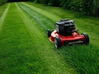 Lawn Care Maintenance Mower Cutting Grass in Green Open Space