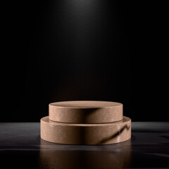 Minimalist two-tiered product display platform against a dramatic black background with spotlight