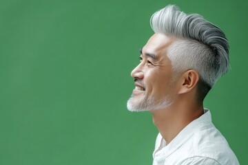 An elegant midlife gentleman smiling gracefully. Visual idea of style for aging men. Modish men's low fade haircut - midlife southeast asian man with middle hair. Green solid background.