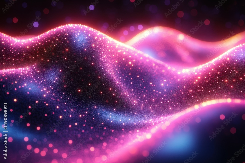 Poster vibrant and dynamic abstract visualization of colorful waves illuminated with swirling lights in a c