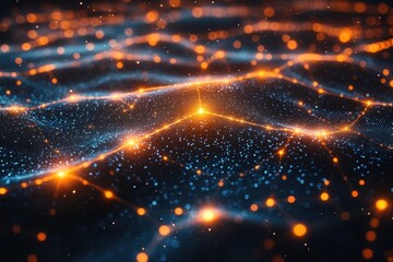 Fototapeta premium Glowing abstract patterns of blue and orange light creating a mesmerizing digital landscape in a dark environment