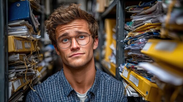 Young man in warehouse, thoughtful expression, surrounded by shelves of various items, ideal for showcasing industry themes.