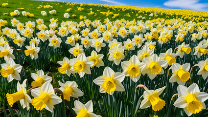 Obraz premium A picturesque spring landscape with rolling hills covered in bright yellow daffodils, evoking a fairytale-like atmosphere of floral beauty