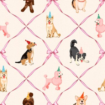 Seamless pattern of hand drawn illustration of dogs, pets, wearing party hats, celebrating and having fun, cute, surrounded by pink bows, ribbons