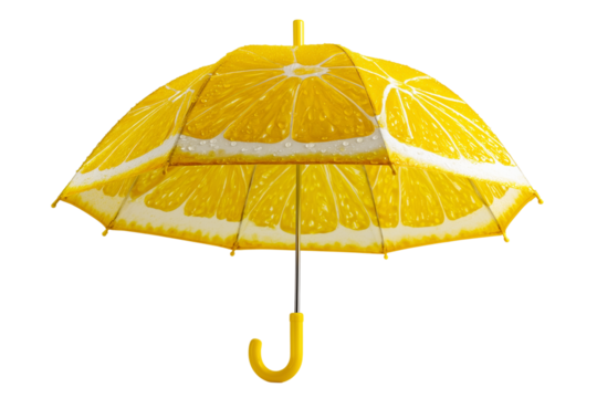 Bright lemon-themed umbrella with realistic citrus slice pattern in yellow Isolated on transparent Background