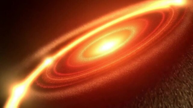 The red and yellow 3D galaxy spins rapidly, emitting light and scattering brilliant meteors.