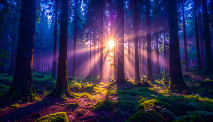 Fototapeta premium Lush Green Forest with Sunbeams – Realistic Environmental Concept