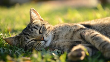 Tabby Cat Comfortably Napping on Green Lawn Outdoors in Sunlight