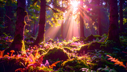 Fototapeta premium Lush Green Forest with Sunbeams – Realistic Environmental Concept