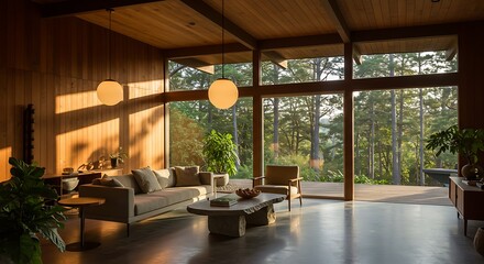 Fototapeta premium Modern wooden interior with expansive forest views.