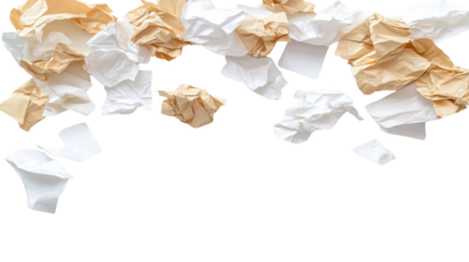 Crumpled Paper Waste Flying in a Chaotic Pattern on a Transparent Background for Office Concept