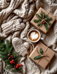 Cozy Winter Scene Latte Art, Knit Mittens, and Gifts on Knit Blanket