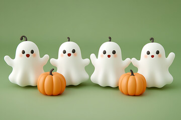 Fototapeta premium Four cute ghost figures with smiling faces and a small pumpkin on a soft green background