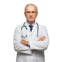 Fototapeta premium Experienced, older surgeon with arms crossed and a stethoscope around his neck. Ideal for illustrating health and medicine. White background for easy editing in your projects.