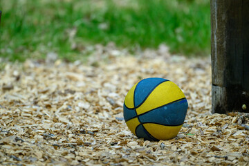 A basketball in vibrant blue and yellow colors lies on a bed of wood chips near a post. The green grass in the background is illuminated by the afternoon sun, creating a peaceful outdoor setting