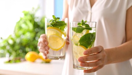 Woman hands holding lemonade glasses.