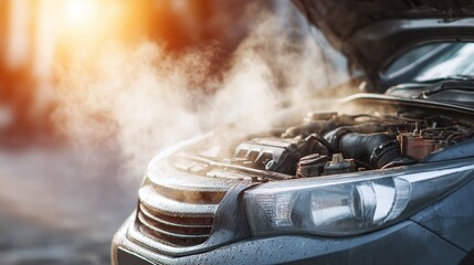 Car engine steaming: Overheated engine with vapor rising in sunlight. Vehicle breakdown or maintenance situation, automotive concept. Close-up auto repair service.
