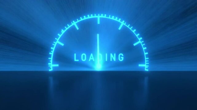 Download speedometer.Design. The footage on which in abstraction the loading is made with blue light, which runs very fast and the letters LOADING appear.