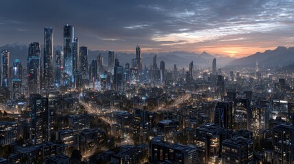 Fototapeta premium Futuristic city skyline at dusk, towering buildings reflecting twilight, urban landscape with vibrant lights and dramatic clouds.