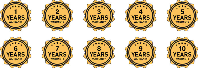 Warranty stamp. 1 to 10 years warranty label, logo, stamp, sign, badge, insignia vector illustration.