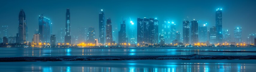 Naklejka premium Modern city skyline at night, reflected on water