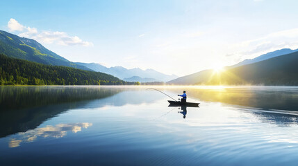 serene fishing scene at sunrise, showcasing lone fisherman on calm lake surrounded by majestic mountains and lush forests © Tee nuT