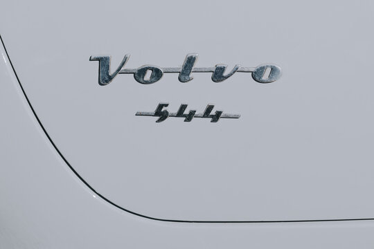 POLAND, ELBLĄG 11 MAY 2025:  Volvo 544 Script Emblem on White Classic Car Close-Up