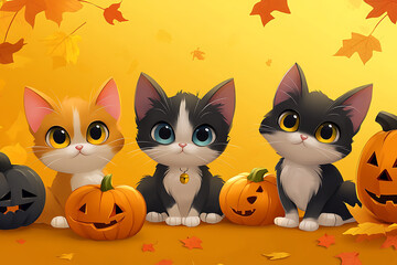 Three adorable cartoon kittens with pumpkins in a vibrant autumn setting surrounded by leaves