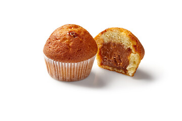Tasty muffins filled with chocolate cream isolated on a white background