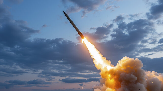 powerful missile launches into sky, leaving trail of fire and smoke against dramatic cloud filled backdrop