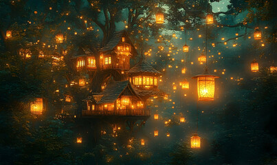 Naklejka premium Treehouse nestled in forest, illuminated by hanging lanterns, evoking magic and warmth in dreamy, cozy setting