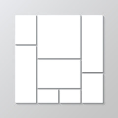Photo collage banner. Mood board square background. Portfolio images mockup. Gallery scrapbook brandboard template. Album moodboard grid. Mosaic picture frame. Vector illustration