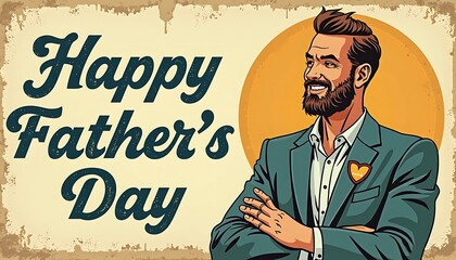 Warm Wishes for Father's Day: A stylish depiction of a father with a warm embrace, perfect for expressing love and appreciation. The vintage style adds a touch of nostalgia.