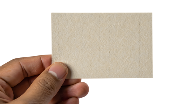 Hand holding beige blank rectangular paper card isolated on transparent background