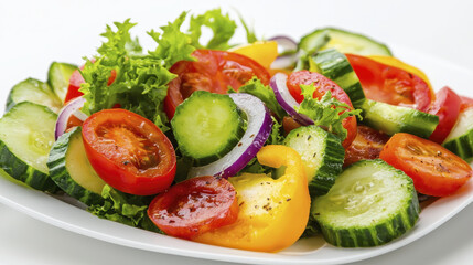 Fresh salad with vibrant vegetables, including tomatoes, cucumbers, and bell peppers, garnished with leafy greens for healthy meal