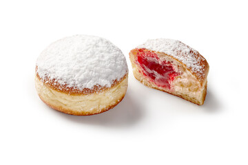 Delicious jelly doughnuts with powdered sugar on white background