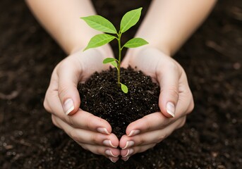 Hands holding a young plant in soil