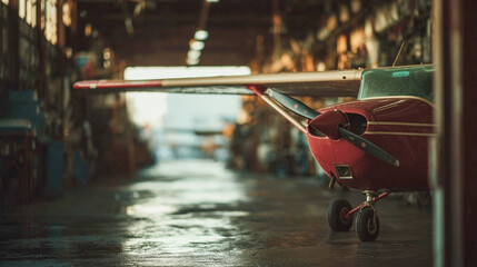 Light aircraft inside the hangar with the sun trapped inside the hangar