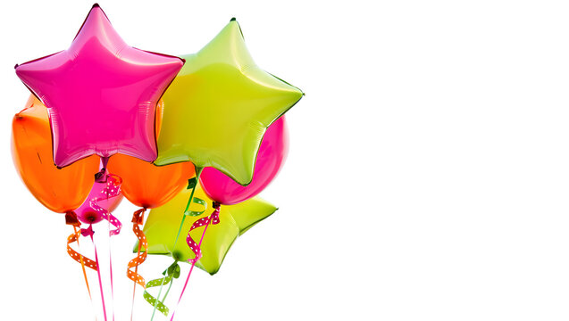 Bright neon star shaped balloons bunch isolated on transparent background