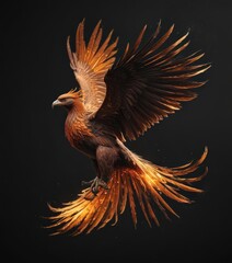 Fototapeta premium A majestic phoenix in mid-flight, feathers ablaze, set against a pure black background , smoke, fantasy