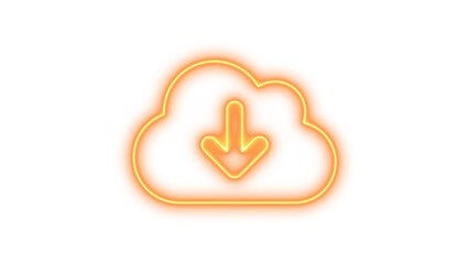 Neon cloud icon with a downward arrow, symbolizing cloud download, Neon cloud arrow down icon glow with transparent background
