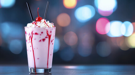 Delicious milkshake topped with whipped cream and cherry, served in clear glass against colorful bokeh background, evoking fun atmosphere