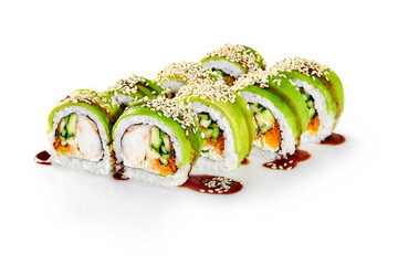 Green dragon sushi rolls with avocado, sesame seeds, and unagi sauce drizzled on white background