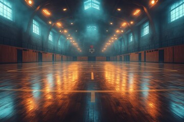 Basketball court illuminated by ambient light in an empty gym during early morning hours