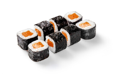 Delicious salmon hosomaki sushi rolls with nori seaweed on white background