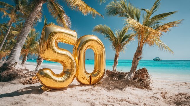 Celebrating a milestone on a tropical beach! Golden number balloons shine against the turquoise ocean and palm trees. Perfect vacation vibes.