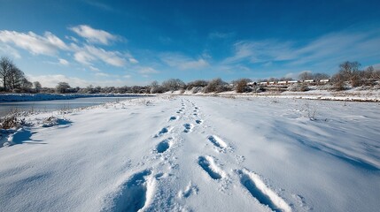 Winter scene: Footprints in snow lead towards a distant riverbank under a blue sky with sparse clouds, creating a tranquil and serene landscape.