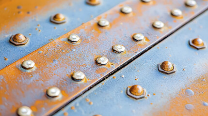 Rusty metal surface with bolts and rivets, showcasing texture and industrial design. weathered look adds character and depth